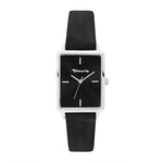 Tamaris Tiny Watch Armbanduhr mit rechteckigem silberfarbenem Gehäuse, schwarzem Zifferblatt und schwarzem Lederarmband