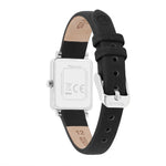 Rückansicht der Tamaris Tiny Watch mit schwarzem Lederarmband, Dornschließe und rechteckigem silberfarbenem Gehäuse