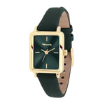 Tamaris Tiny Watch Damenarmbanduhr in Gold mit grünem Zifferblatt und dunkelgrünem Lederarmband in schräger Ansicht