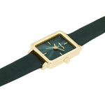 Tamaris Armbanduhr Tiny Watch mit goldfarbenem rechteckigem Gehäuse, grünem Zifferblatt und Lederarmband in seitlicher Detailansicht