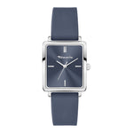 Tamaris Silicone Square mit silbernem Gehäuse und Indexen, dunkelblauem Sunray-Ziffernblatt und passendem Silikonarmband in der Frontansicht