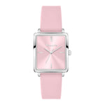 Tamaris Silicone Square mit silbernem Gehäuse und Indexen, rosafarbenem Sunray-Ziffernblatt und passendem Silikonarmband in der Frontansicht