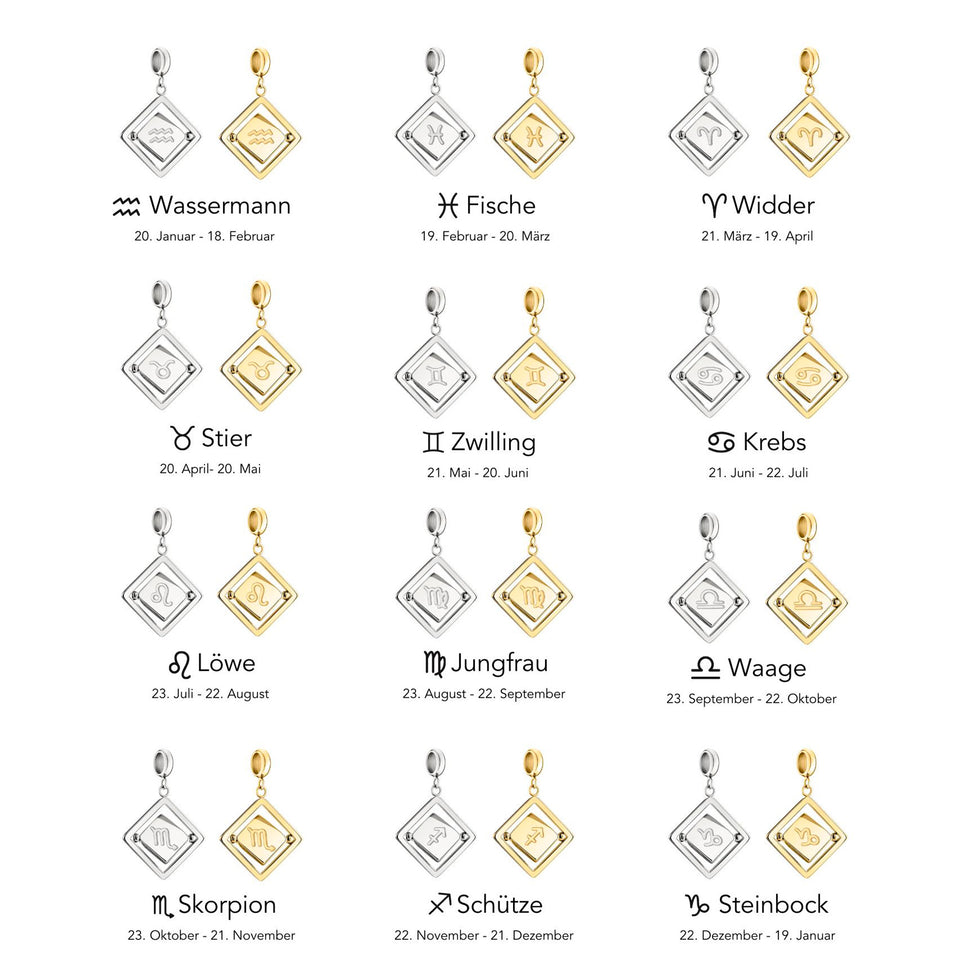 Liebeskind Berlin Übersichtsgrafik der silbernen und goldenen Charms mit Zodiak-Symbolen 